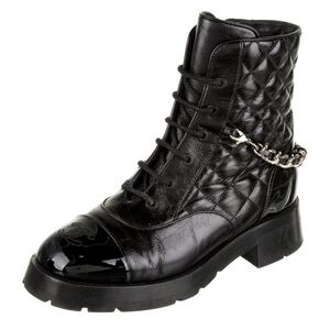 CHANEL Black Quilted Combat Boots with Chain Detail